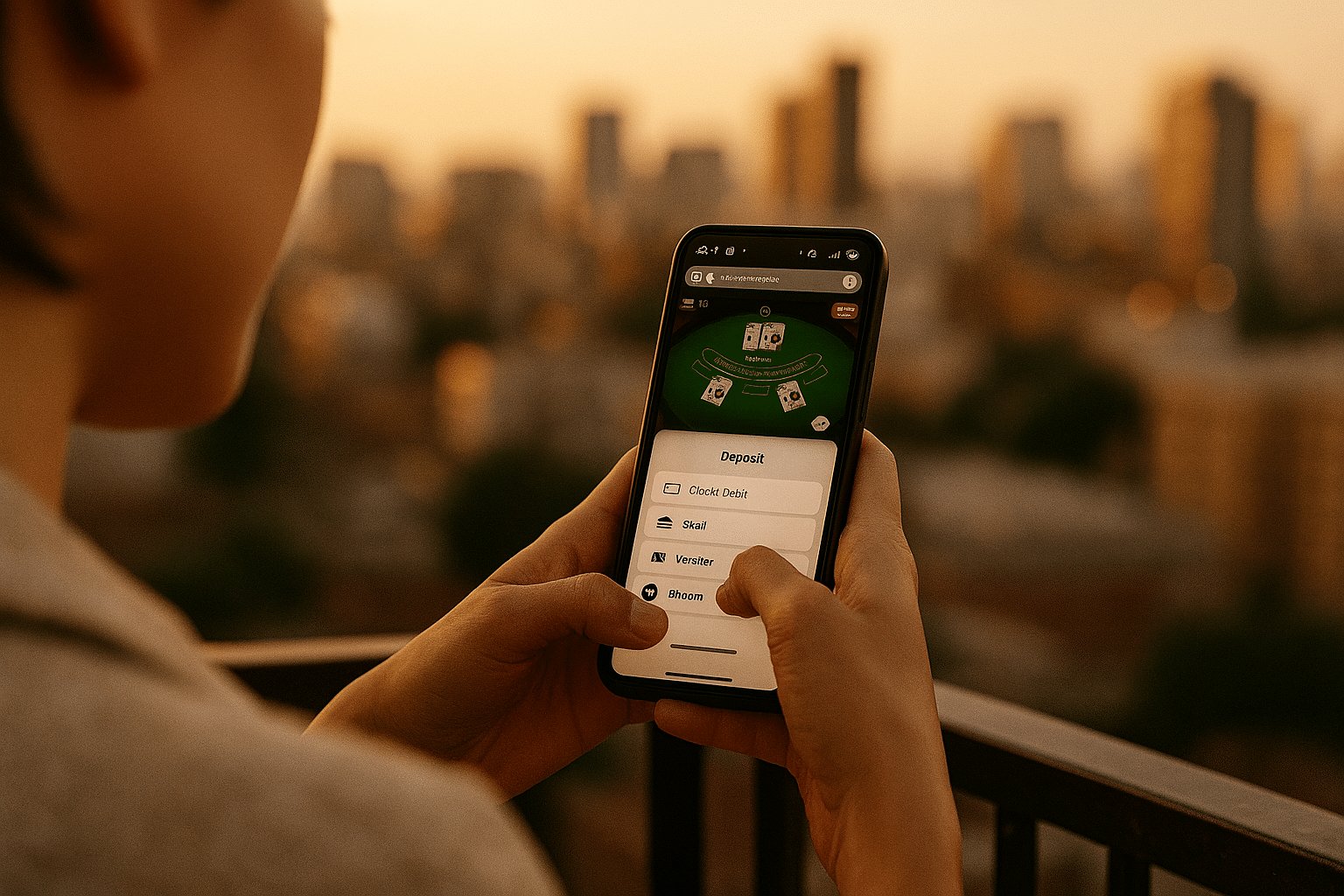 Player using a mobile casino app with blackjack and crypto deposit options at sunset.