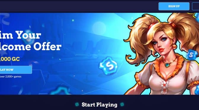 Promotional banner for SIXTY6 online gaming platform featuring a stylized blonde woman in pigtails wearing a white blouse with orange trim and turquoise pendant, set against a vibrant blue gradient with floating game icons; includes bold text offering 300,000 GC welcome bonus, “Sign Up,” “Log In,” and “Play Now” buttons, plus tagline “Explore over 2,000+ games” and “Start Playing.”
